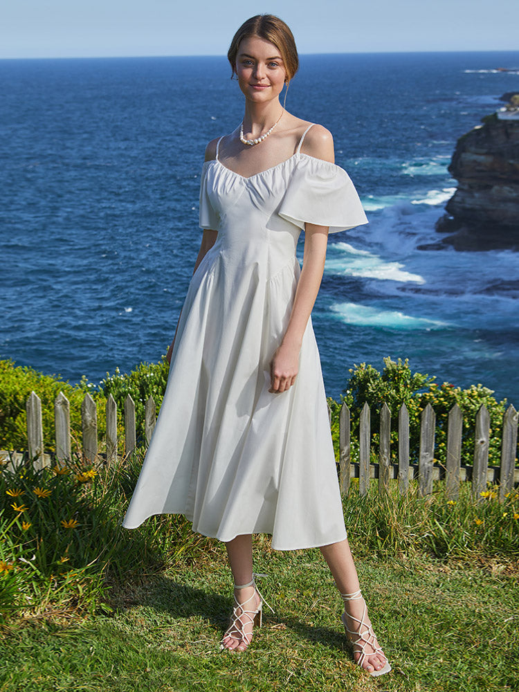 White Off-Shoulder Resort Style Midi Dress GOELIA