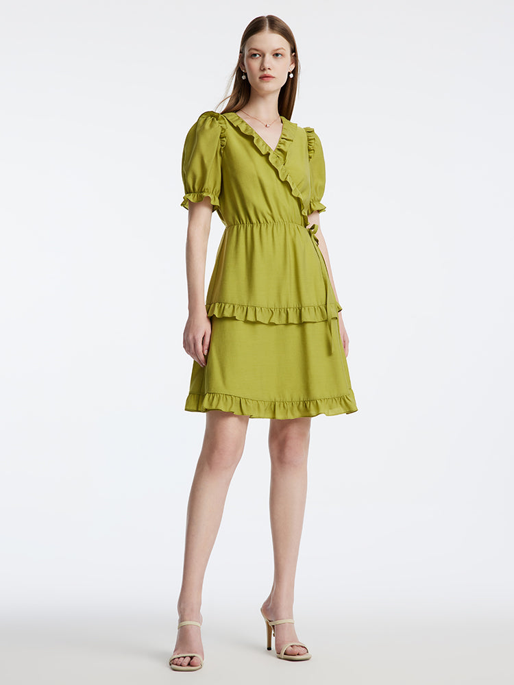 One-piece Ruffle Green V-Neck Dress GOELIA