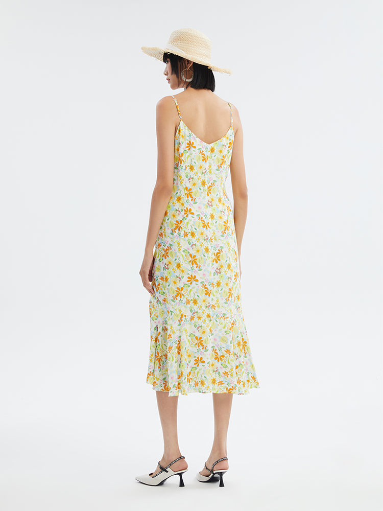 Lovely Printed Shirring Slip Asymmetric Dress GOELIA