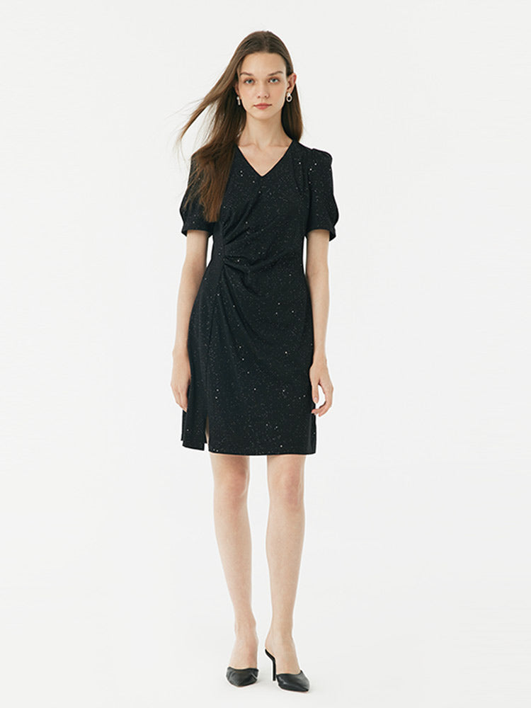 Black V-Neck Asymmetrical Pleated Dress GOELIA