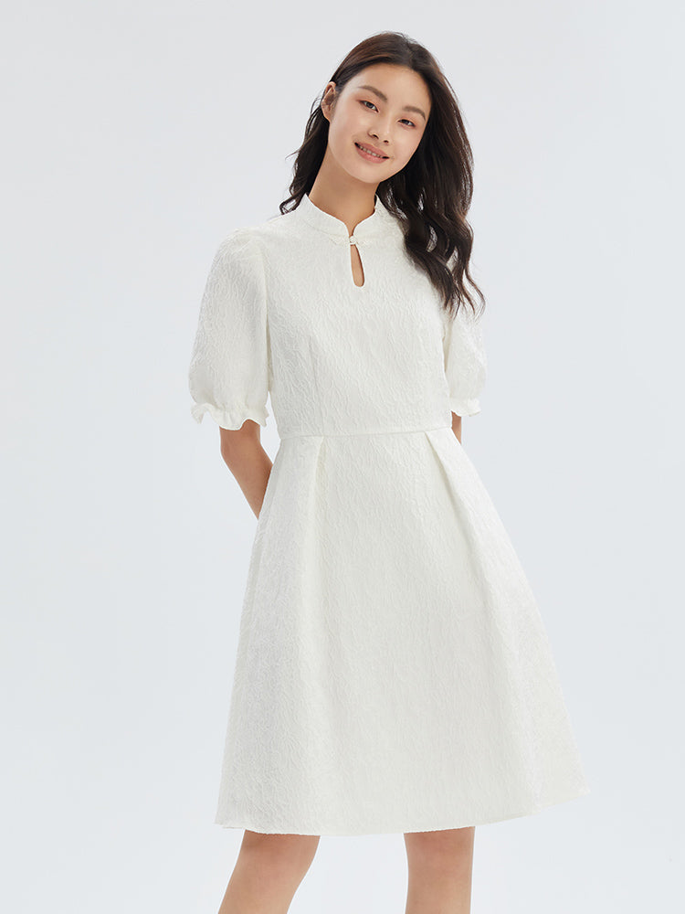White Cheongsam Jacquard Puff Sleeve Midi Dress GOELIA