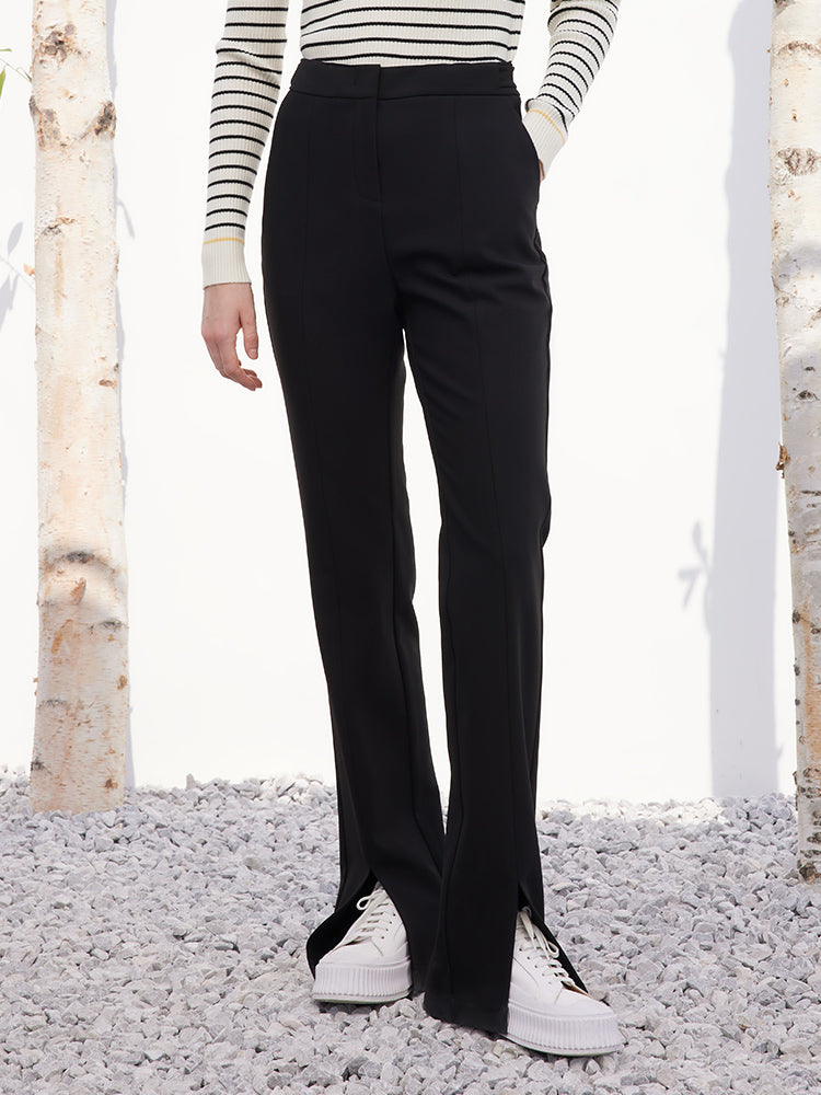 Black Full-Length Slim Pants With Slit GOELIA