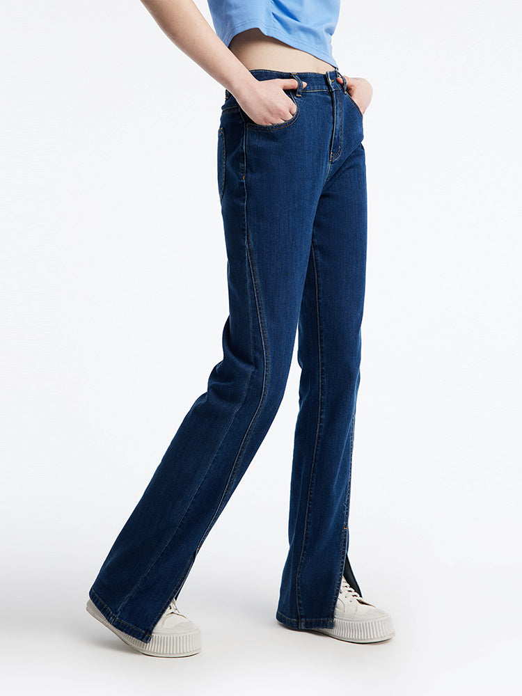 Slant Slit Denim Straight Leg Full Length Jeans GOELIA