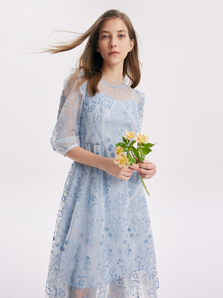 Blue See-Through Mesh Embroidered Dress GOELIA