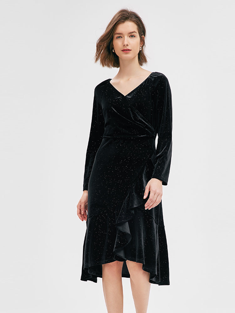 Black V-Neck Ruffled Velvet Dress GOELIA