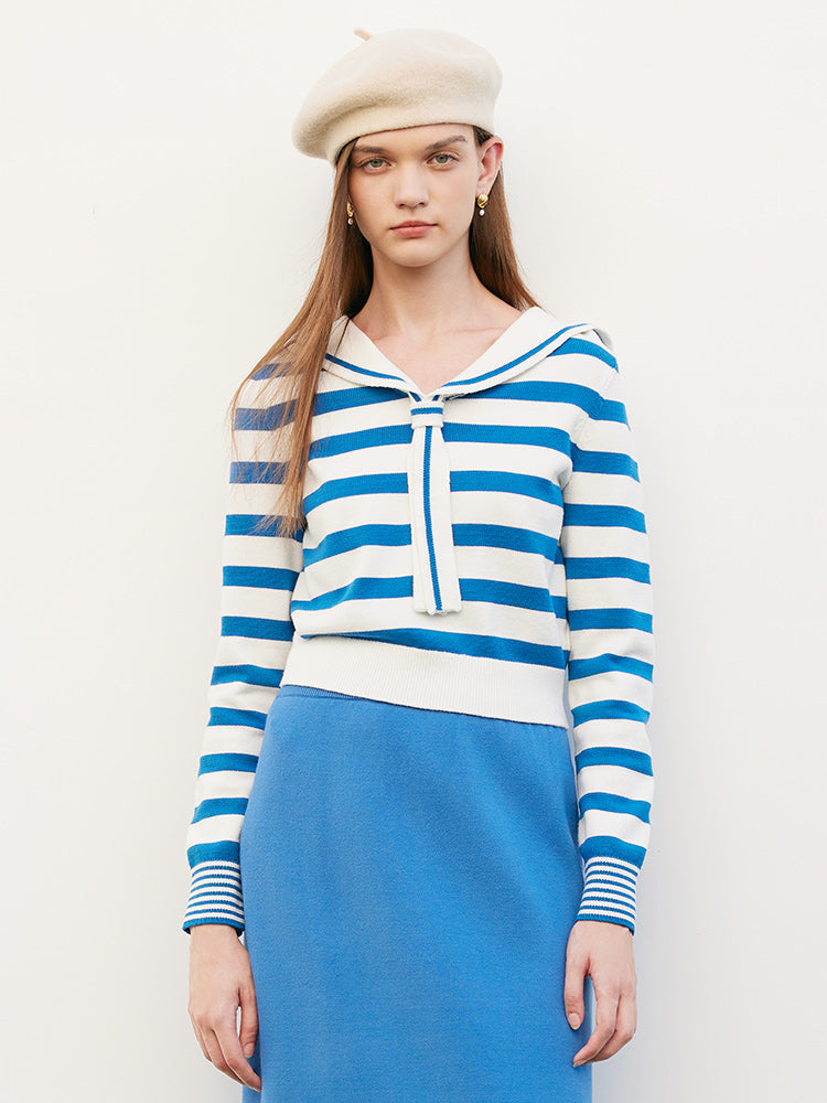 Blue And White Stripe Sailor Collar Sweater GOELIA