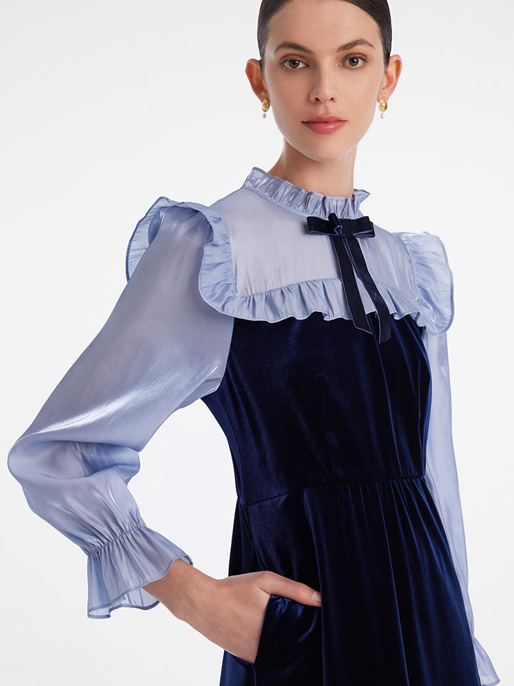 Ruffle Collar Velvet Patchwork Midi Collared Dress GOELIA