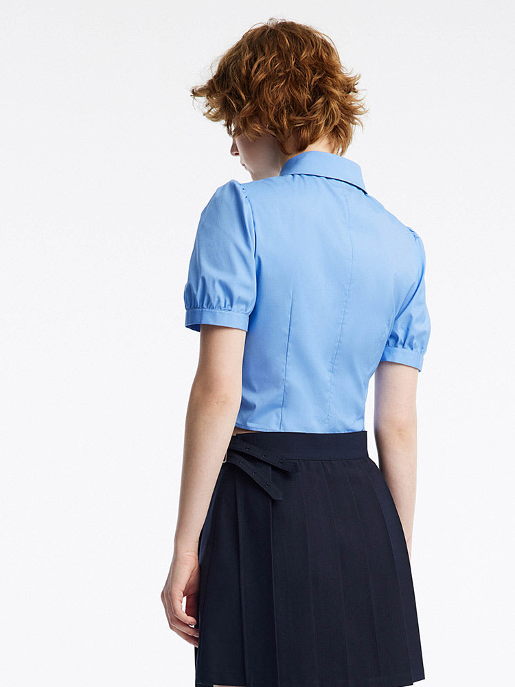 Blue Bubble Sleeve Short Waist Shirt (With Tie) GOELIA