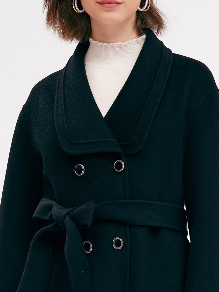 Black Double-Breasted Button Wool Lapel Coat GOELIA
