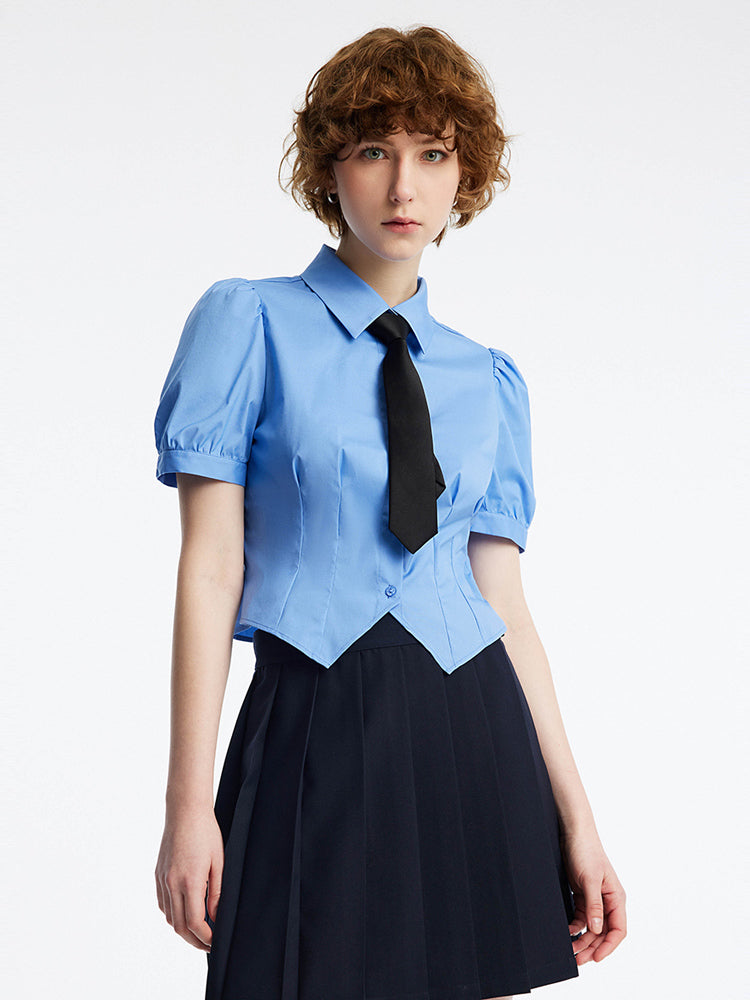 Blue Bubble Sleeve Short Waist Shirt (With Tie) GOELIA