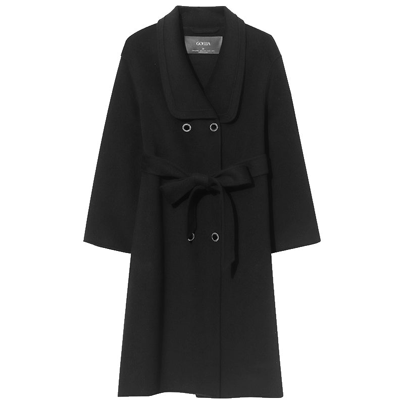 Black Double-Breasted Button Wool Lapel Coat GOELIA