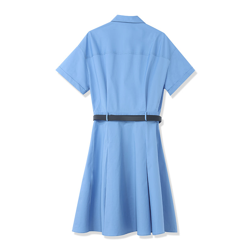 Blue Waist-skimming Cotton Mini Dress GOELIA