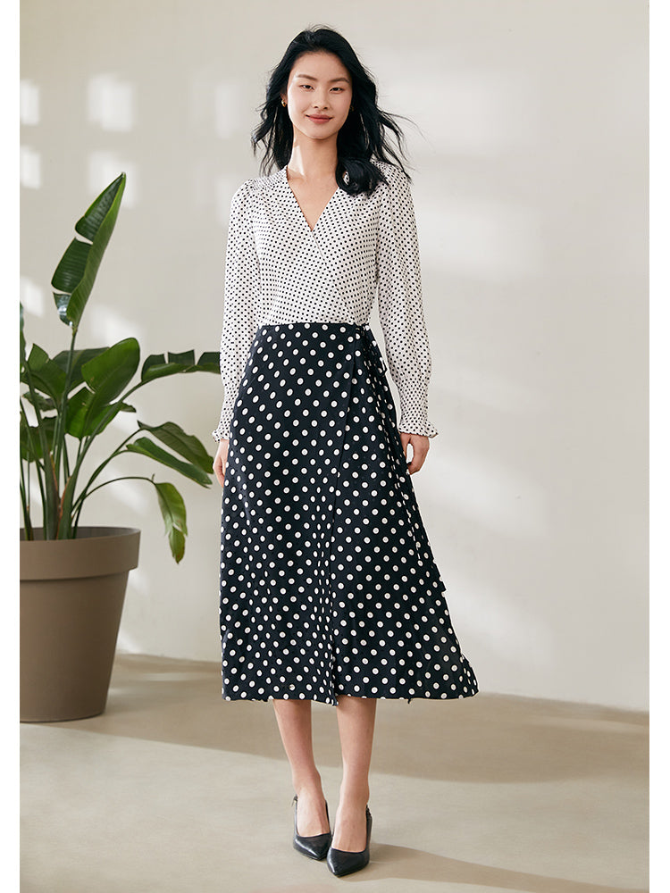 Black&White Polka Dots Slim Ankle-Length Wrap Dress GOELIA