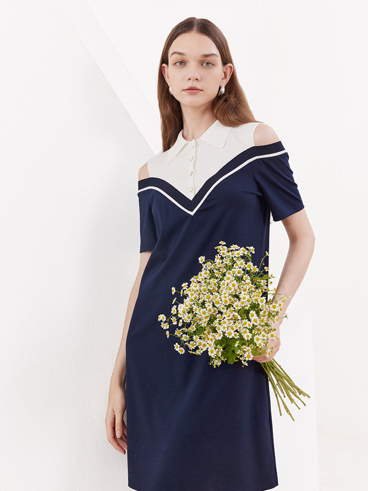 Blue&White Color Block Off-shoulder Dress GOELIA
