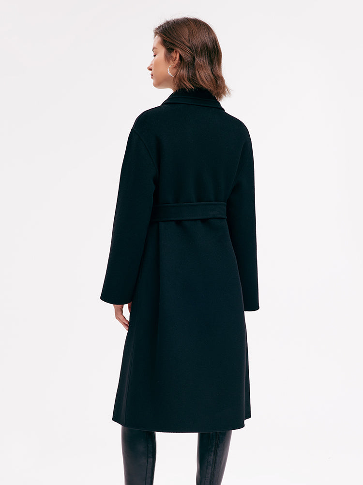 Black Double-Breasted Button Wool Lapel Coat GOELIA