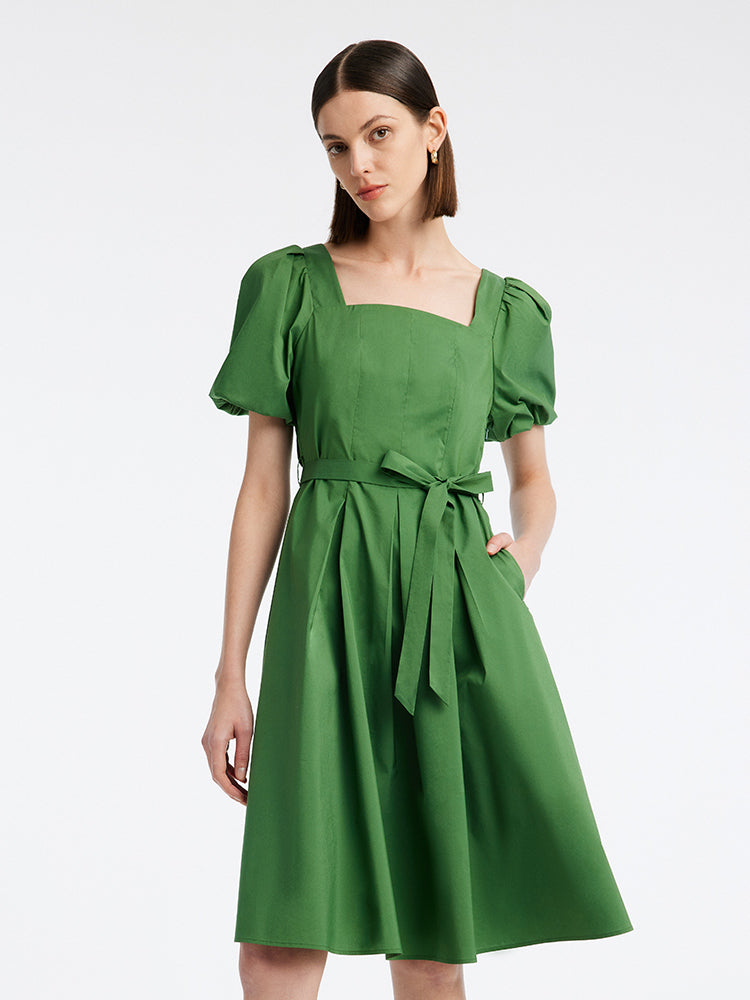 Green Square Neck Puff Sleeve A-Line Dress GOELIA