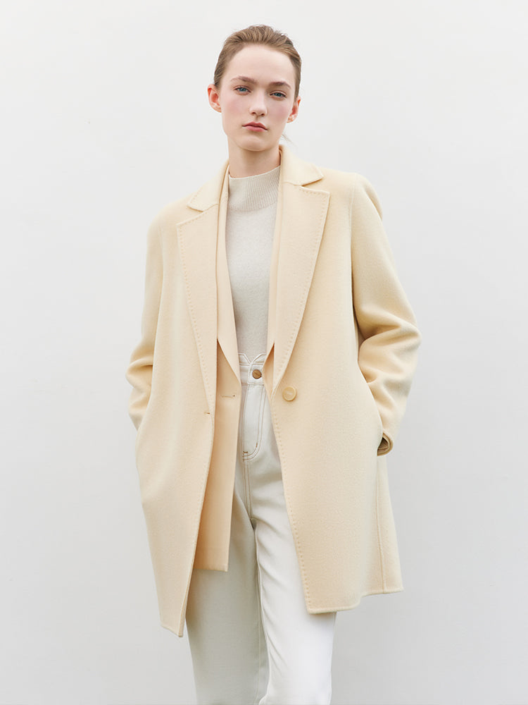 One-Button Cream Yellow Woolen Coat GOELIA