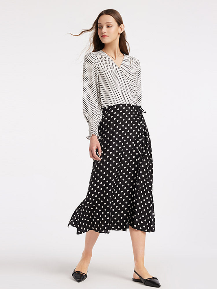 Black&White Polka Dots Slim Ankle-Length Wrap Dress GOELIA