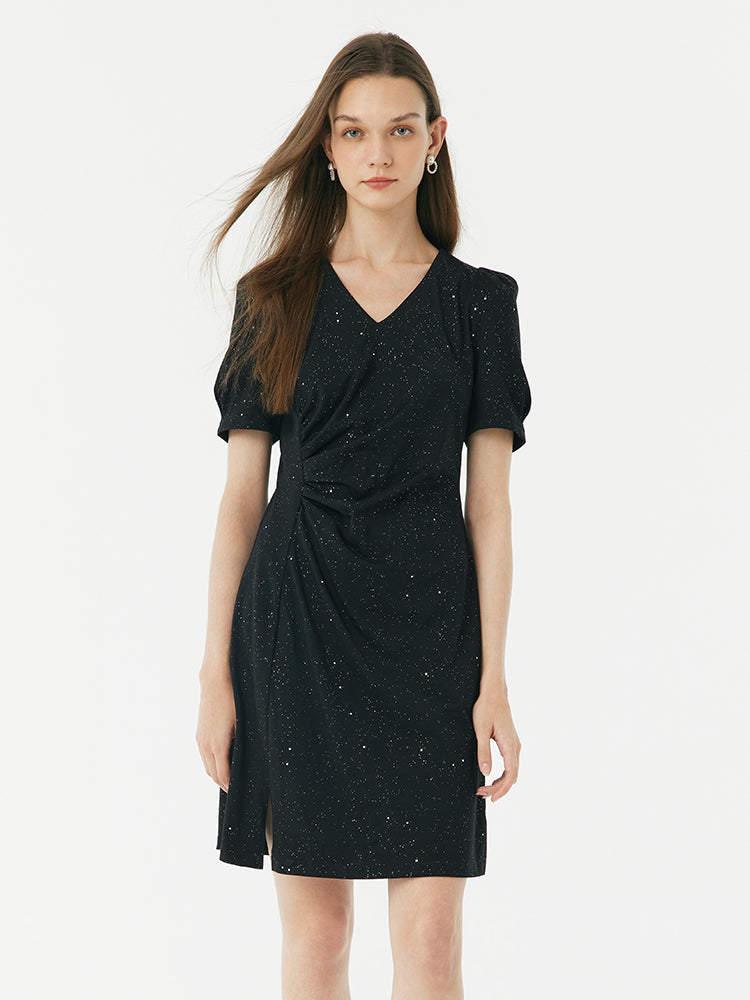 Black V-Neck Asymmetrical Pleated Dress GOELIA