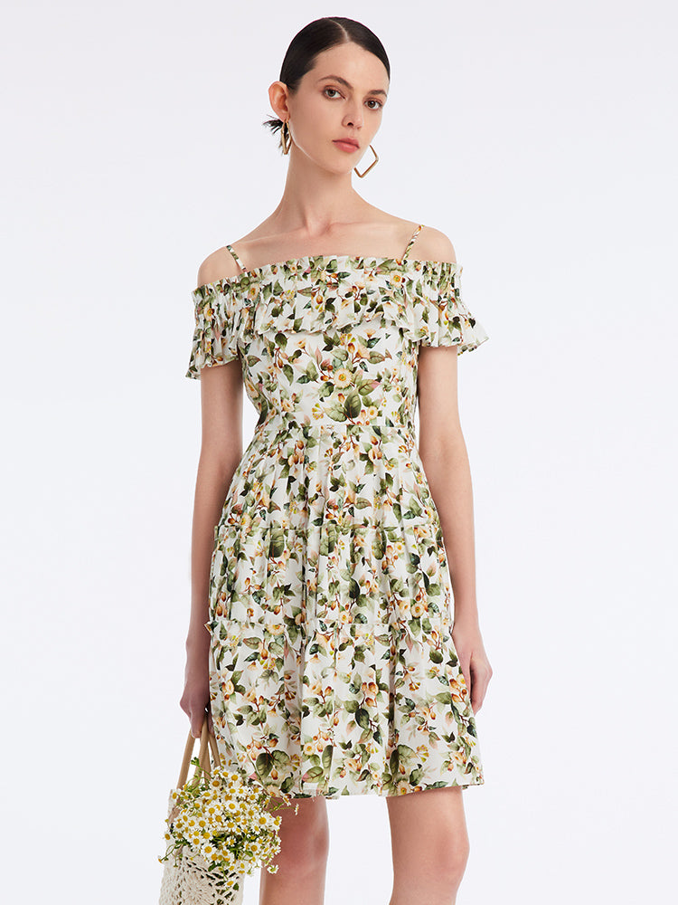 One-line Collar Waist Cotton Printed Dress GOELIA