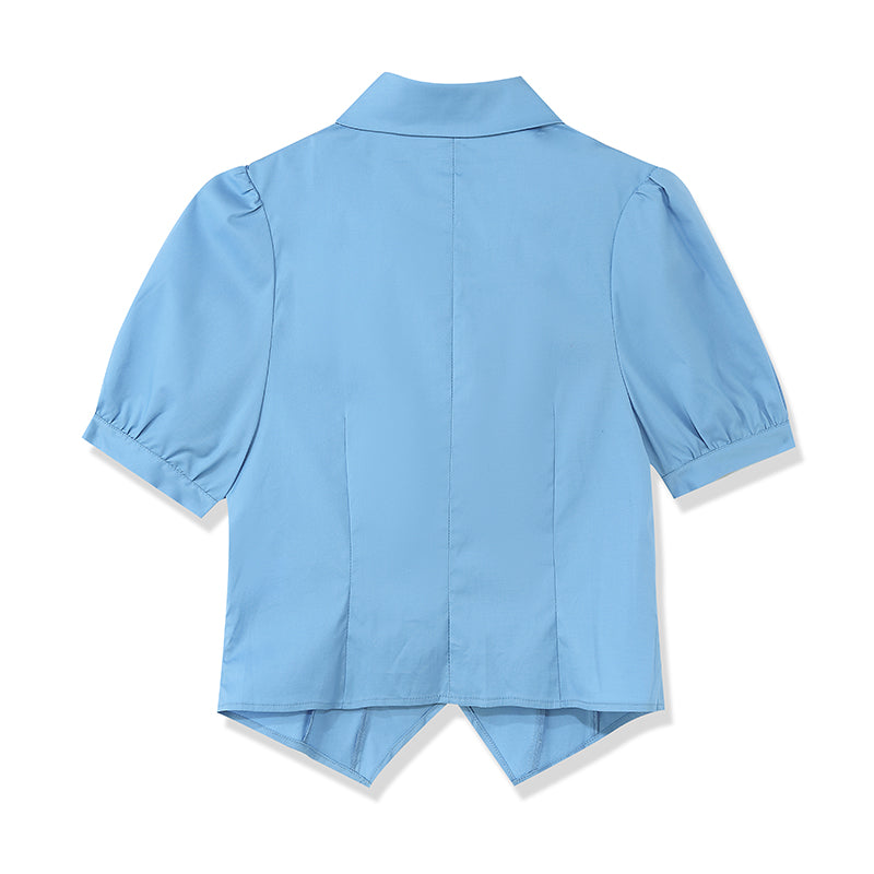 Blue Bubble Sleeve Short Waist Shirt (With Tie) GOELIA