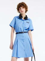 Blue Waist-skimming Cotton Mini Dress GOELIA