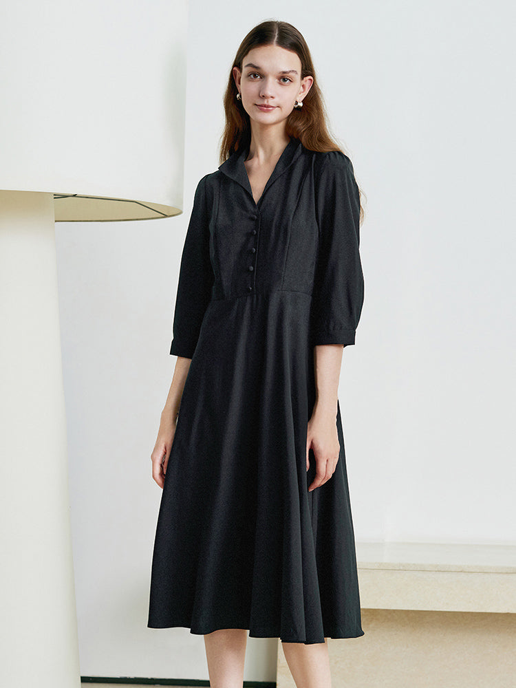 Black Wrosted Woolen Lapel Dress GOELIA