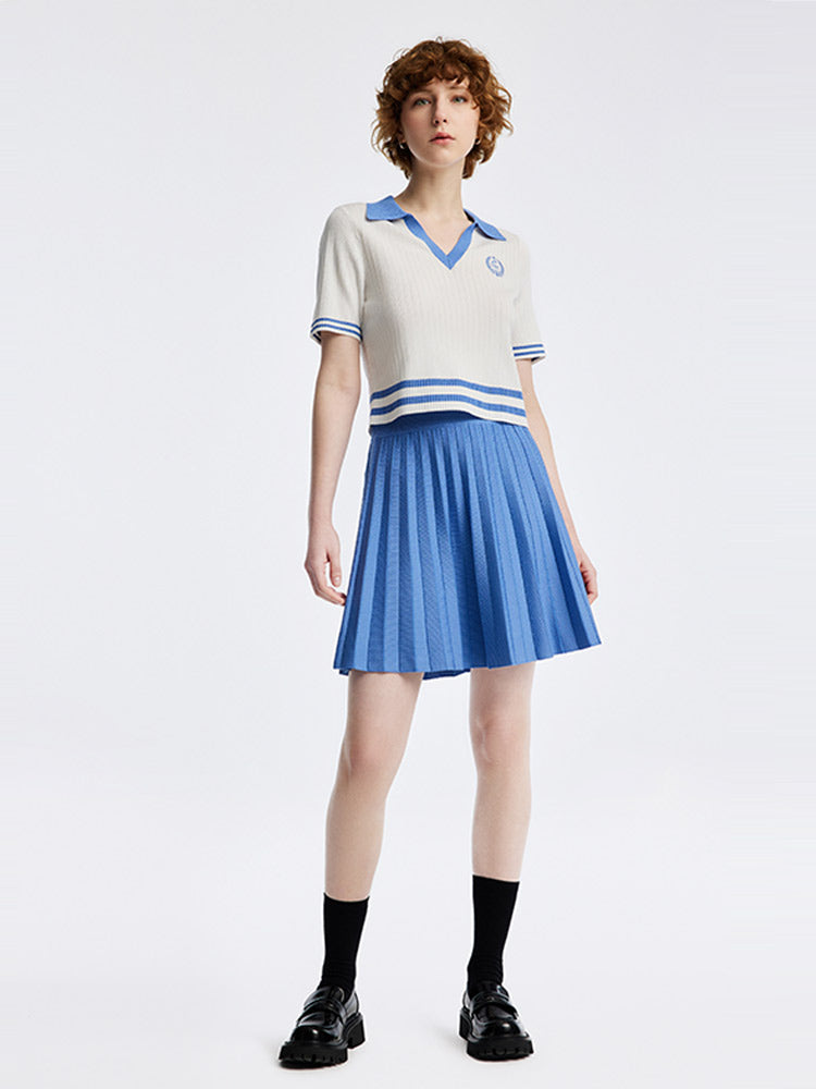 College Style Suit (V-Neck Blouse+ Mini Pleated Skirt) GOELIA