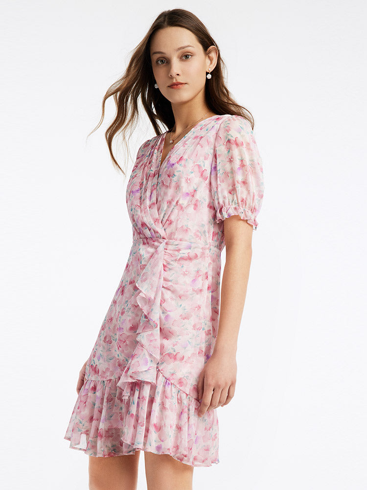 Goelia Pink Floral Short Sleeve Falbala Mini Dress, Pink / XL
