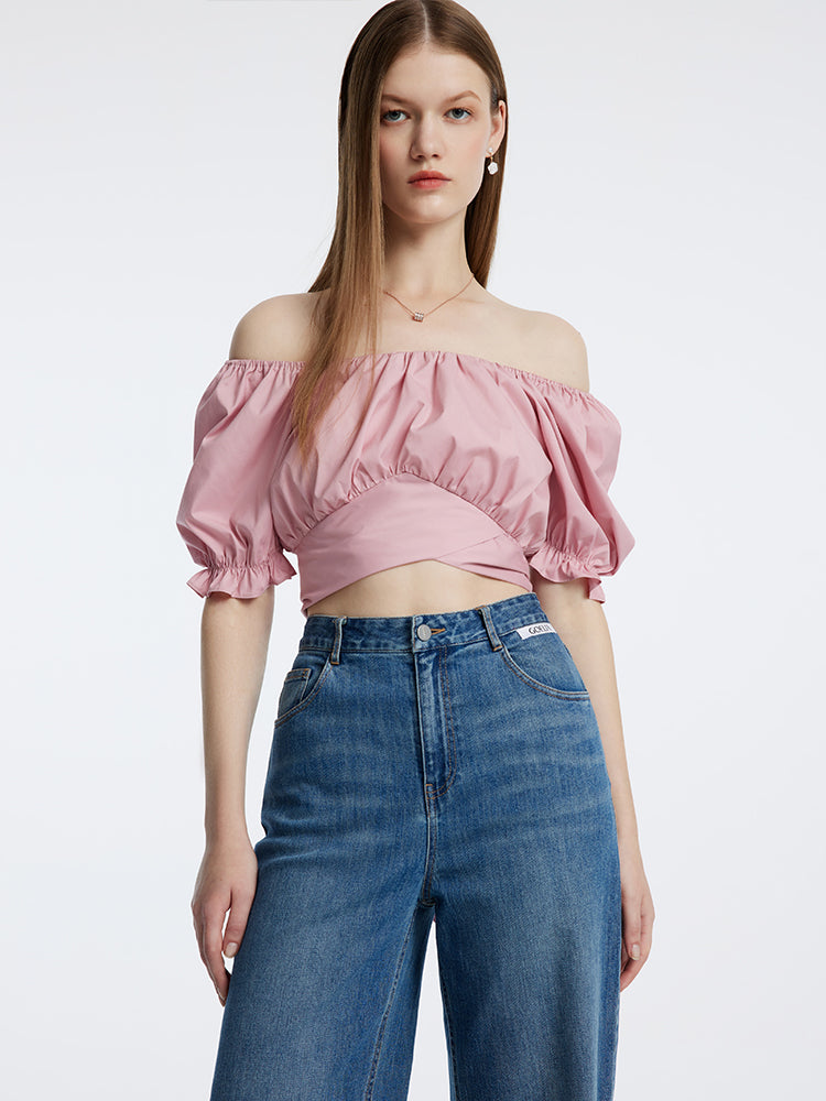 Pink Bowknot Pleated Princess Sleeve Blouse GOELIA