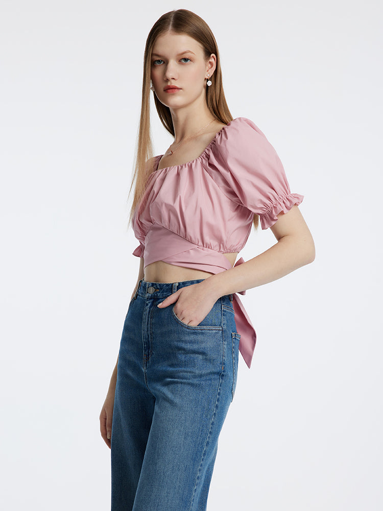 Pink Bowknot Pleated Princess Sleeve Blouse GOELIA