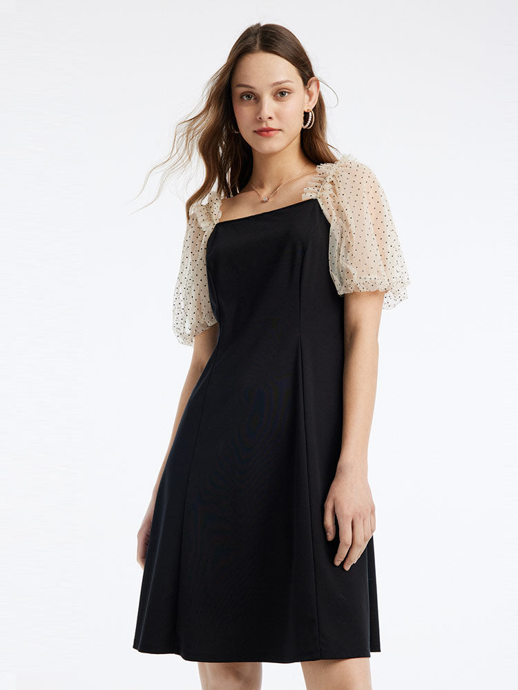 Square Neck Puff Sleeve Knitted Dress GOELIA