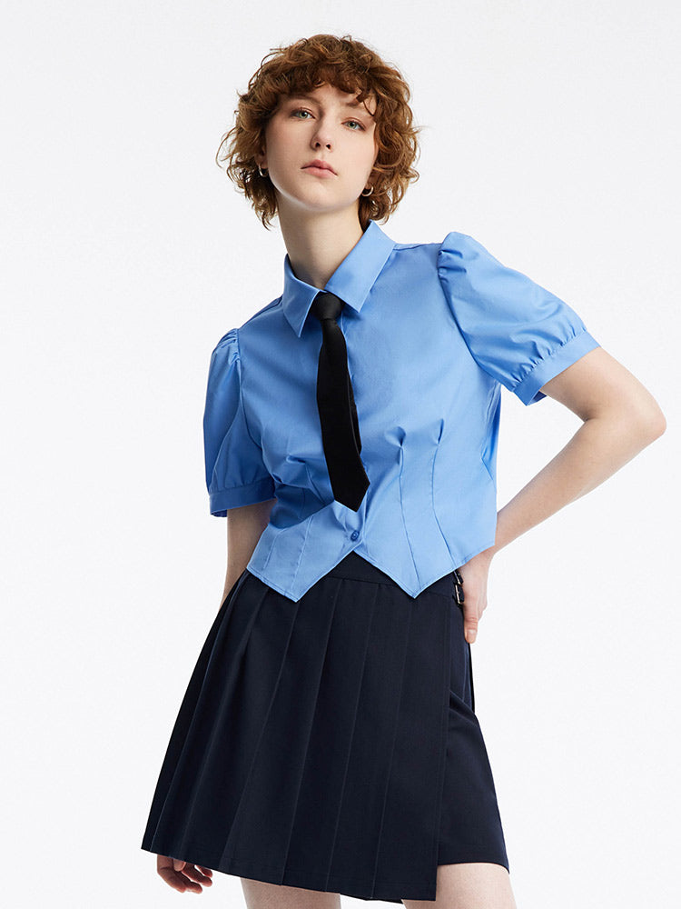 Blue Bubble Sleeve Short Waist Shirt (With Tie) GOELIA