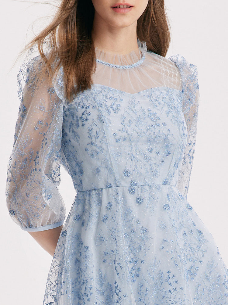 Blue See-Through Mesh Embroidered Dress GOELIA