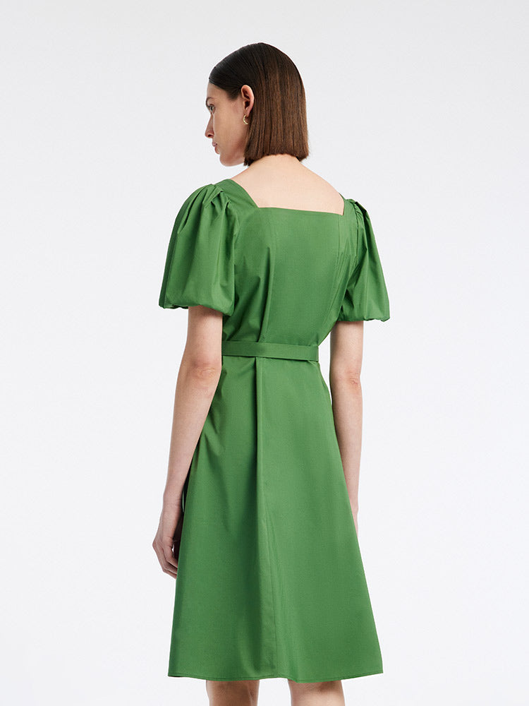 Green Square Neck Puff Sleeve A-Line Dress GOELIA