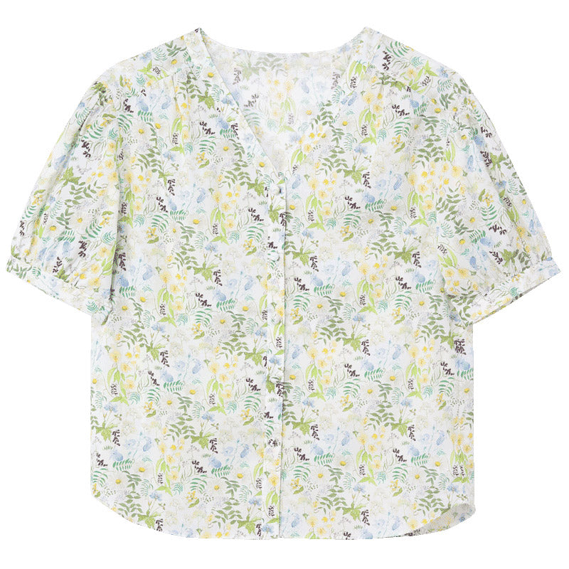 Oversized Crop V-Neck LIBERTY Printed Shirt GOELIA