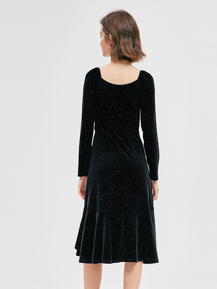 Black V-Neck Ruffled Velvet Dress GOELIA