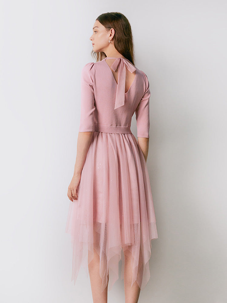 Pink V-neck Slim Patchwork Sequin Dress GOELIA