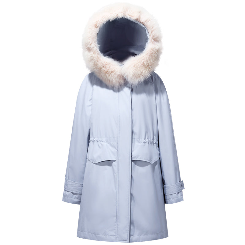Dusty Blue Removable Fox Fur Parka Coat GOELIA