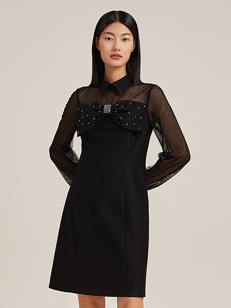 Black See-Through Bow Mini Dress GOELIA