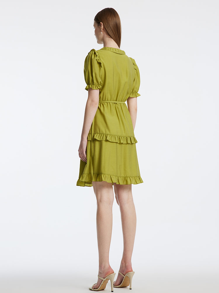 One-piece Ruffle Green V-Neck Dress GOELIA