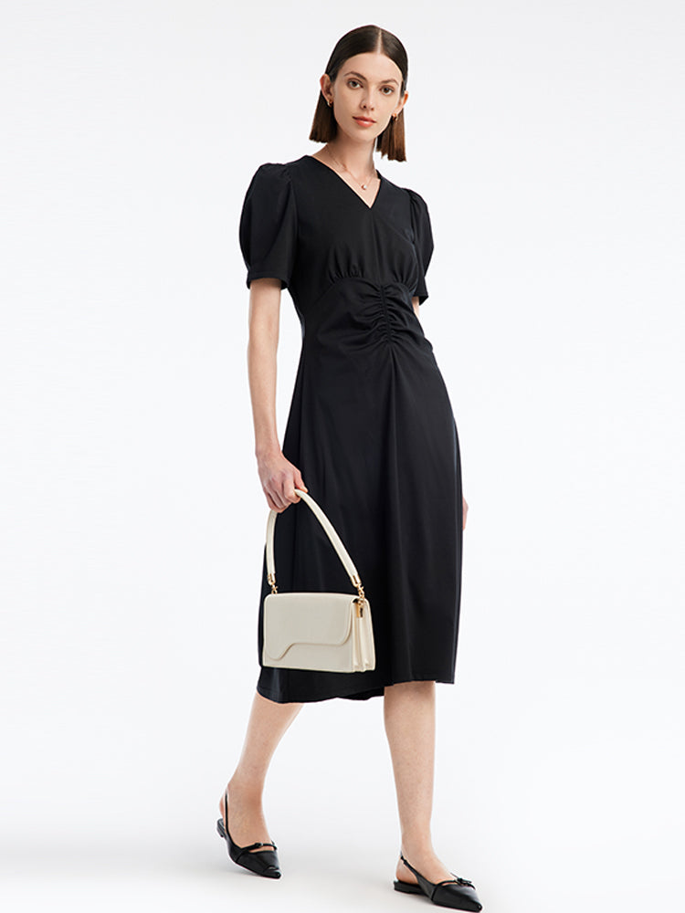 V-neck Pleated Mid-Calf Dress GOELIA