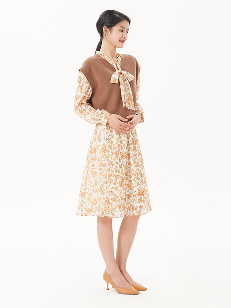 Two-piece Gold Satin Chiffon Dress GOELIA