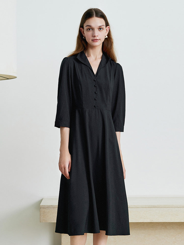 Black Wrosted Woolen Lapel Dress GOELIA