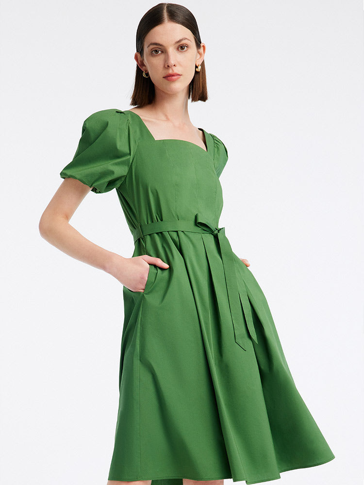Green Square Neck Puff Sleeve A-Line Dress GOELIA