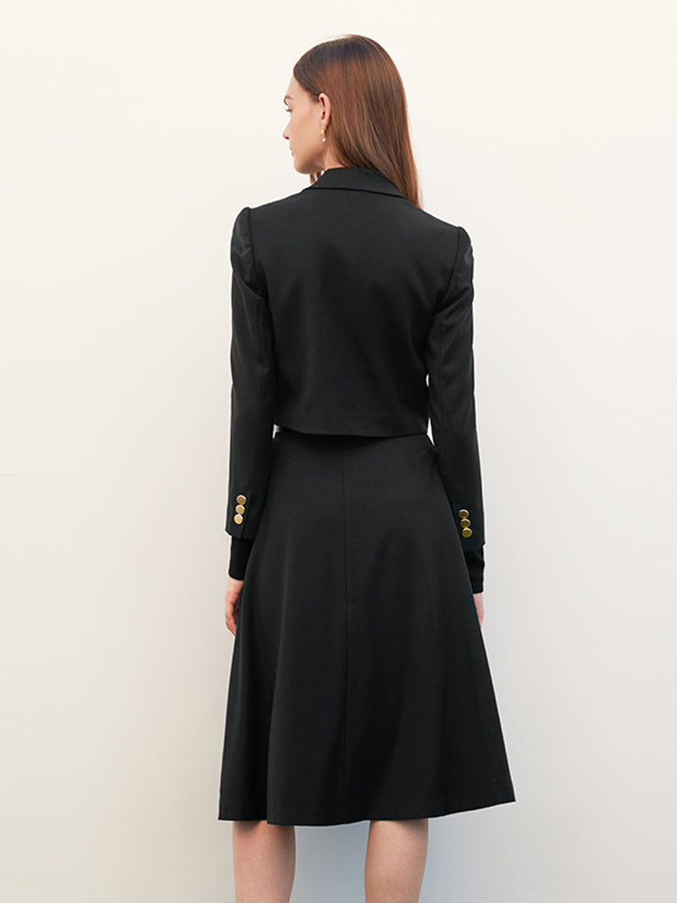 Black Cashmere Woolen Tweed Suit Coat&Skirt&Belt GOELIA