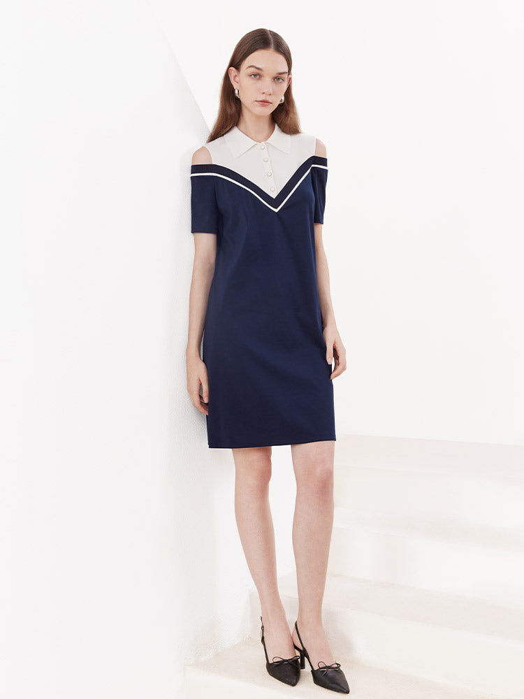 Blue&White Color Block Off-shoulder Dress GOELIA