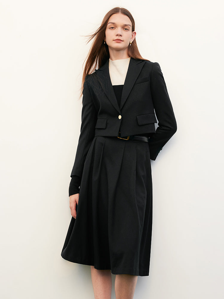 Black Cashmere Woolen Tweed Suit Coat&Skirt&Belt GOELIA