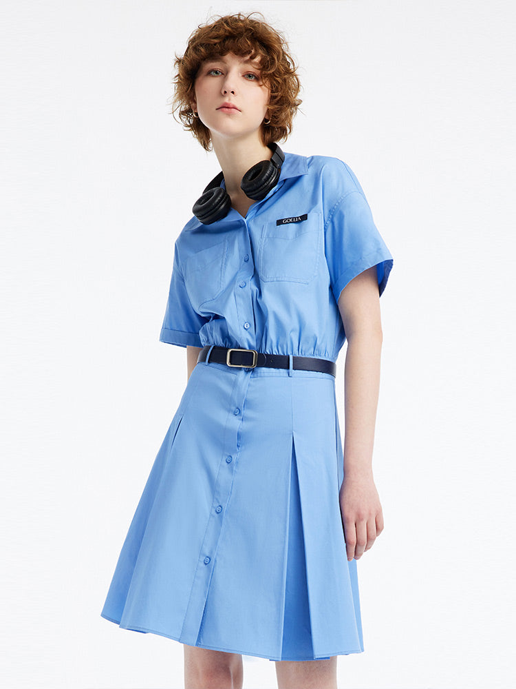 Blue Waist-skimming Cotton Mini Dress GOELIA